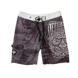 Y2K Affliction Board Shorts Lost Souls Cross Black Brown Gray Swim Trunks Sz 34